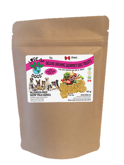 Love of Dogs' Organic Allergen Free Hemp Milk Bones - made with organic oats, organic freshly squeezed hemp milk, organic vegetables, organic chia seeds and infused with organic hemp seed oil great for your dogs' skin!