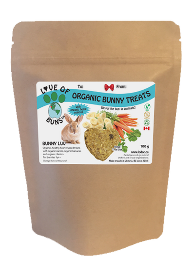Love of Buns' Organic Bunny Luv Treats - organic adult rabbit treats made from organic carrots, organic bananas and organic cilantro! Baked fresh for bunnies!
