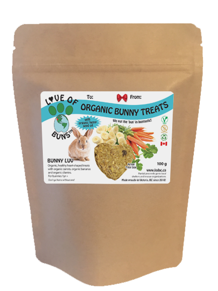 Love of Buns' Organic Bunny Luv Treats - organic adult rabbit treats made from organic carrots, organic bananas and organic cilantro! Baked fresh for bunnies!