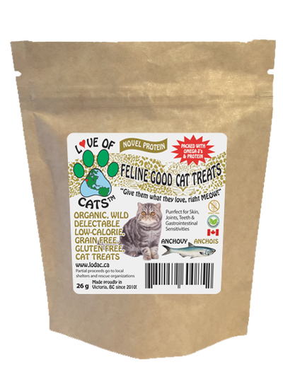 Love Of Cats' Organic Feline Good Cat Treats - whole, wild and dried anchovies with special meowgical herbs & omega 3's to make them 