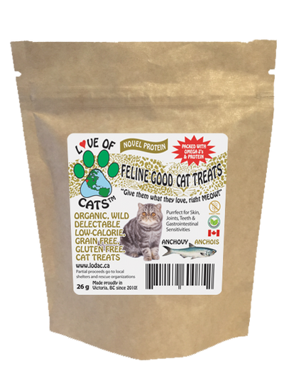 Love Of Cats' Organic Feline Good Cat Treats - whole, wild and dried anchovies with special meowgical herbs & omega 3's to make them