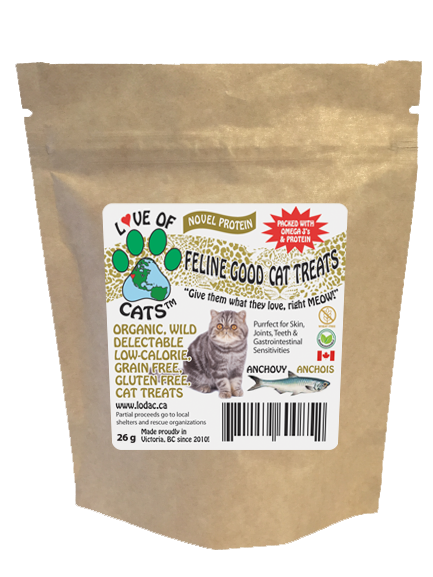 Love Of Cats' Organic Feline Good Cat Treats - whole, wild and dried anchovies with special meowgical herbs & omega 3's to make them 
