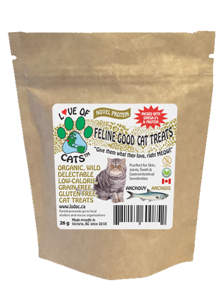 Love Of Cats' Organic Feline Good Cat Treats - whole, wild and dried anchovies with special meowgical herbs & omega 3's to make them