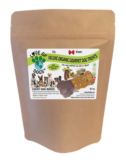 Love of Dogs' Organic Lucky Dog Bones - organic molasses cookie with organic hemp hearts and organic chia seeds dipped in organic carob! Any dog would be lucky to have one of these bones!