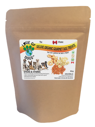 Love of Dogs' Organic Sticks & Stones - low calorie, plant-based, fibre rich, dehydrated, local and organic dog treats!