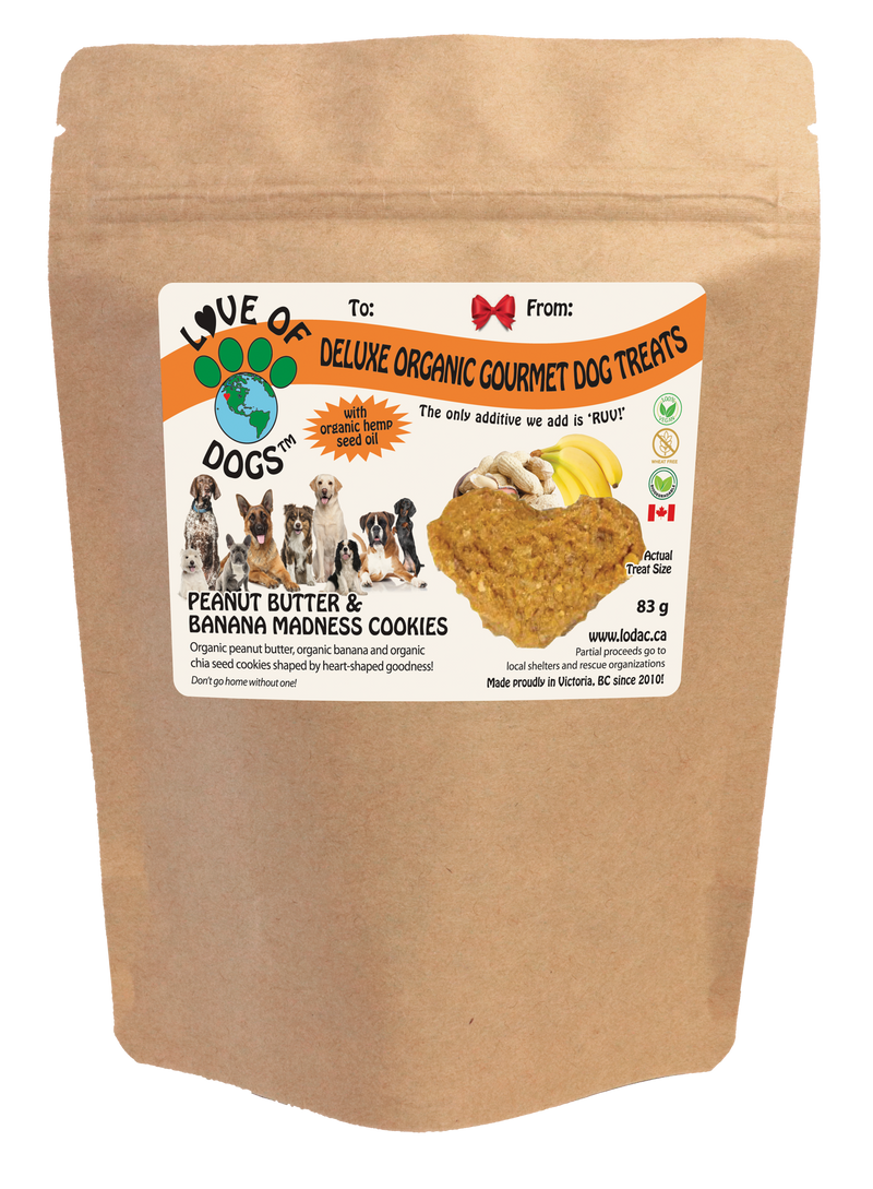 Love of Dogs' Organic Peanut Butter & Banana Madness Cookies - Canadian, vegan and organic dog treats perfect to put in any snuffle mat, snuffle ball or dog puzzle!