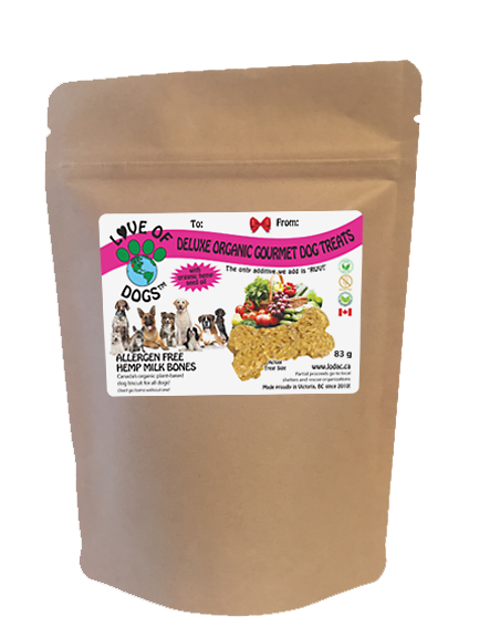 Love of Dogs' Organic Allergen Free Hemp Milk Bones - made with organic oats, organic freshly squeezed hemp milk, organic vegetables, organic chia seeds and infused with organic hemp seed oil great for your dogs' skin!