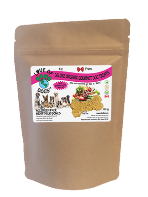 Love of Dogs' Organic Allergen Free Hemp Milk Bones - made with organic oats, organic freshly squeezed hemp milk, organic vegetables, organic chia seeds and infused with organic hemp seed oil great for your dogs' skin!