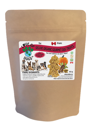 Love of Dogs' Organic Fibre Hydrants - organic pumpkin with organic carob and organic chia seeds, shaped into a fire hydrant! Fibre rich- great for skin, mobility, satiety and overall health and wellbeing for your best buddies!
