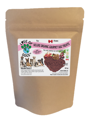 Love of Dogs' Organic Heartbeet Treats - made from organic beets, organic apples, organic flax and chia seeds and infused with organic hemp seed oil dog treats!
