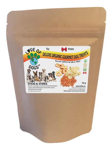 Love of Dogs' Organic Sticks & Stones - low calorie, plant-based, fibre rich, dehydrated, local and organic dog treats!