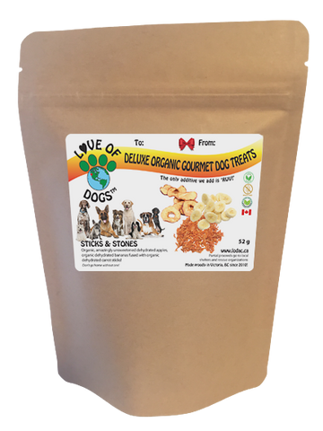 Love of Dogs' Organic Sticks & Stones - low calorie, plant-based, fibre rich, dehydrated, local and organic dog treats!